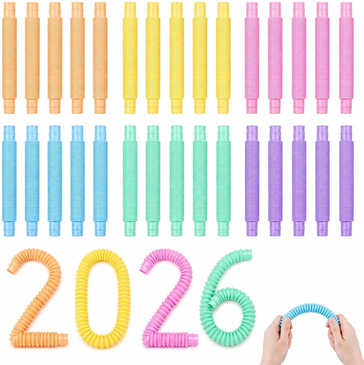 30 stuks mini-pop-buizen, sensorisch speelgoed, elastische buizen, meerkleurig, 15 cm, kunststof, insteekbaar en uittrekbaar, anti-stress voor kinderen en volwassenen