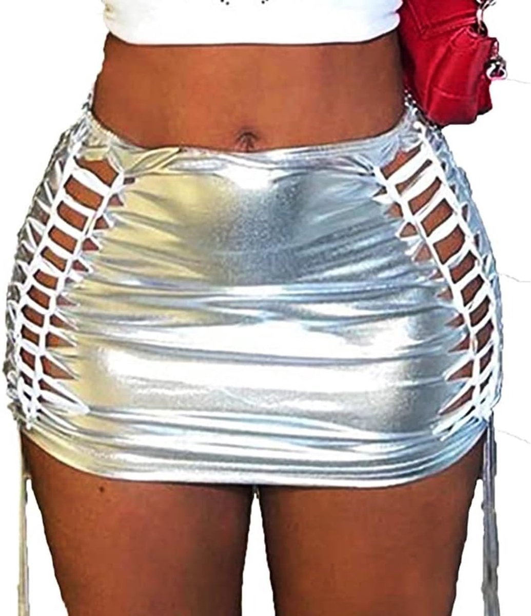 Sexy Metallic Rok - Glitter Elastische Ruches Party Tie Up Uitgesneden Rave Rok voor Vrouwen en Meisjes