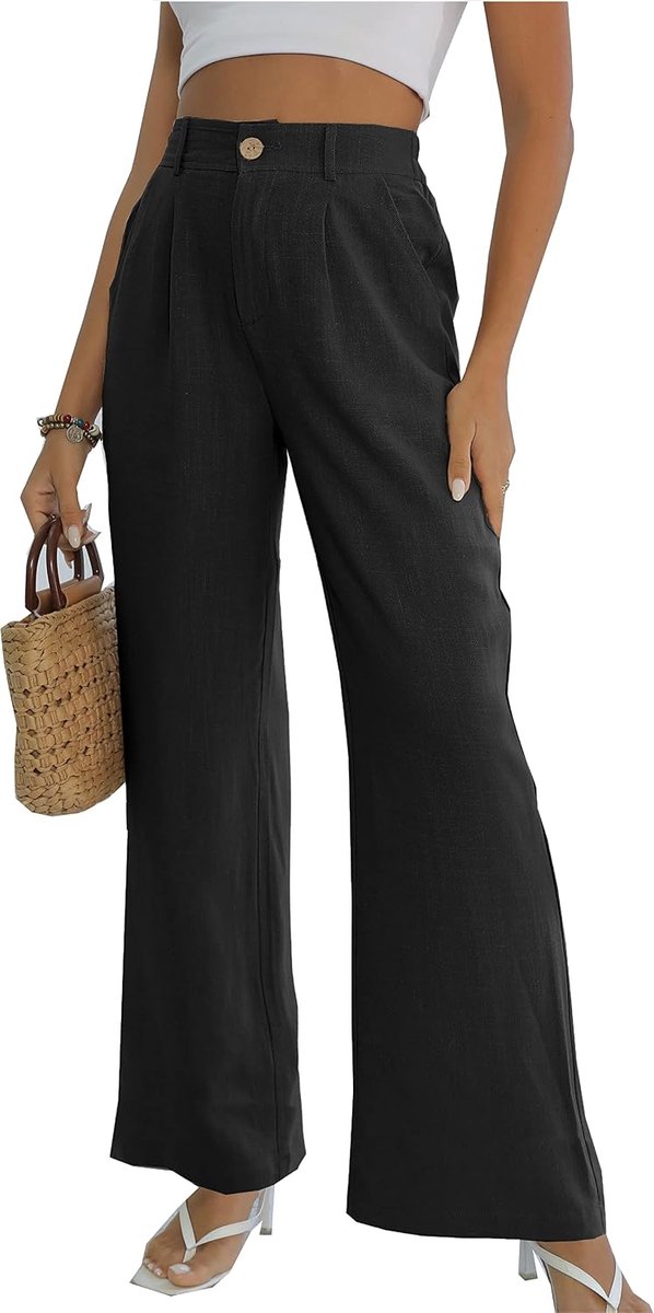 Dames katoen linnen wijde pijpen broek hoge elastische taille casual zakelijke werkbroek