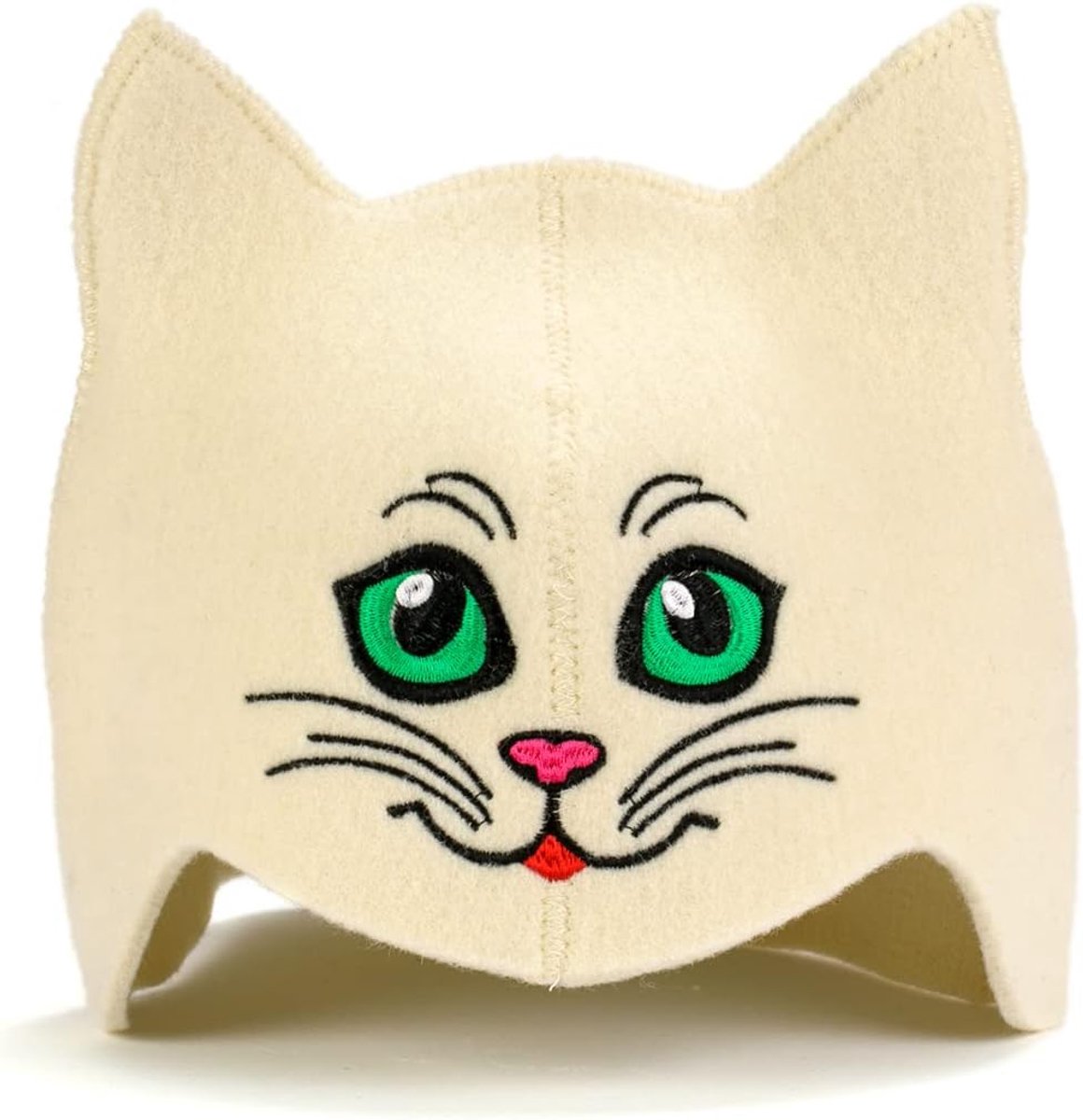 Hat 'Sauna Green Kitten' White - 100% biologische wol Vilt Hoeden voor Russische Banya - Bescherm uw hoofd van Heat - met borduurwerk