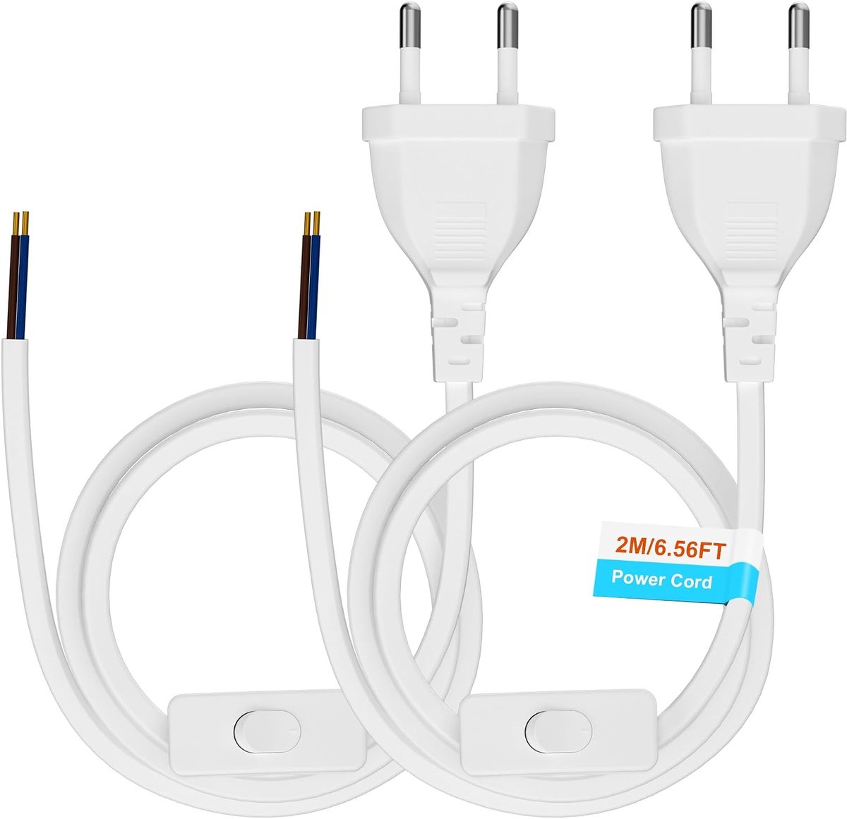 2 stuks Euro stroomkabel met schakelaar, kabel met schakelaar 2 m