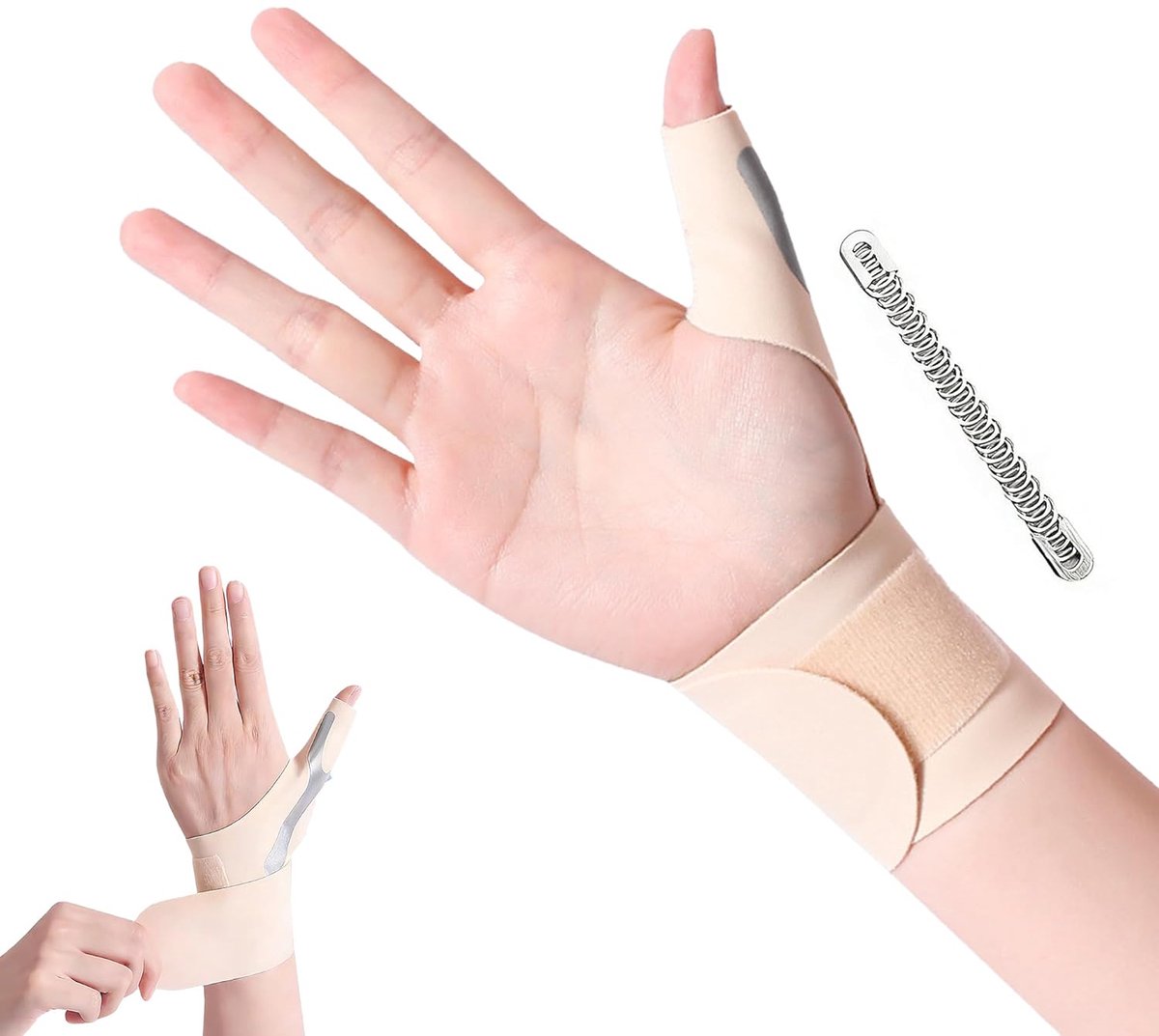 1 paar duimrails met verstelbare ondersteuning, duimsteun rechts en links, verlichting van tenosynovitis, carpaal tunnel en gewrichtspijn, zacht, elastisch, ademend (beige, S)