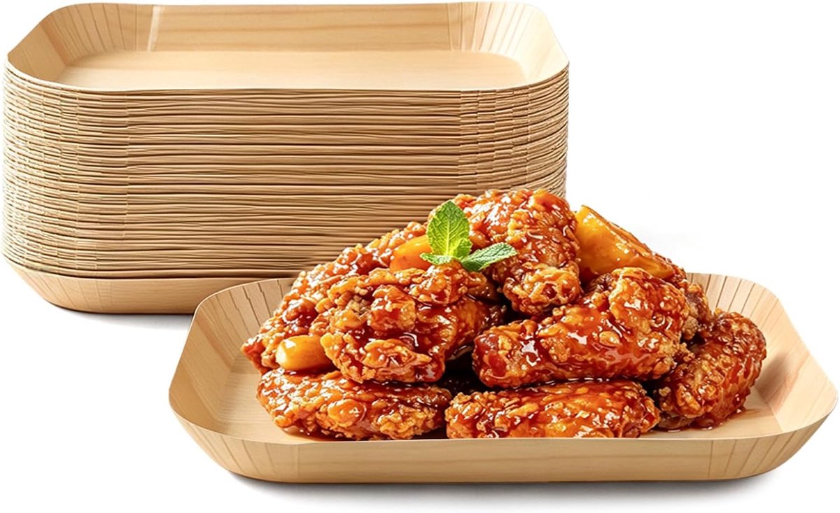 Borden 50 stuks, houtnerf wegwerp dinerborden 16,5 x 12,5 cm rechthoekige papieren trays voor canape, sushi, composteerbaar klein servies of feesten, barbecues, picknicks en catering