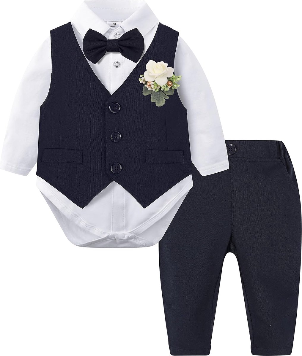 Mintgreen Formele outfit voor babyjongens, 3-delig, voor pasgeborenen, heren, bruiloft, smoking, bodysuit + borstbloemen, vest + broek