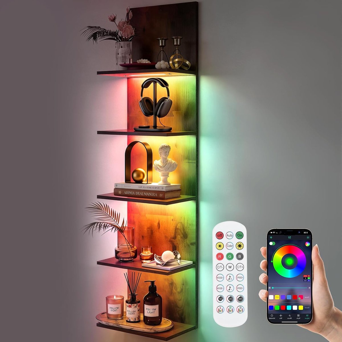 Wandrek met RGB+IC-verlichting, boekenrek muur met app en afstandsbediening
