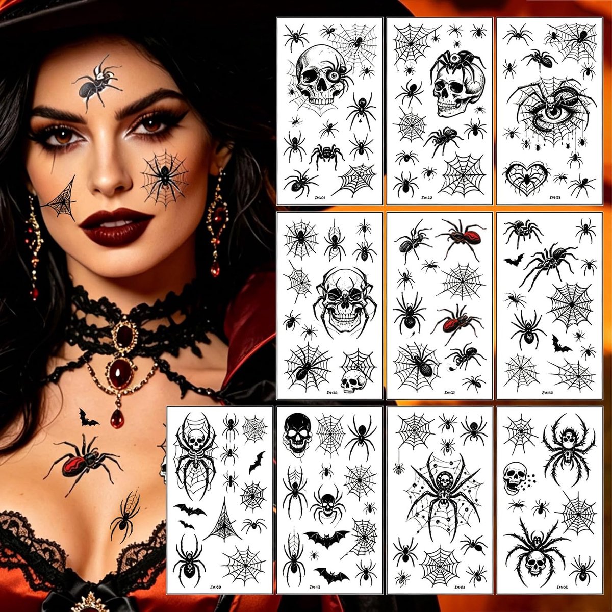 Tijdelijke tatoeages, spinnenweb-tatoeages, Halloween, cosplay, make-up, feestdecoraties voor gezicht, armen, benen, schouders, zwart