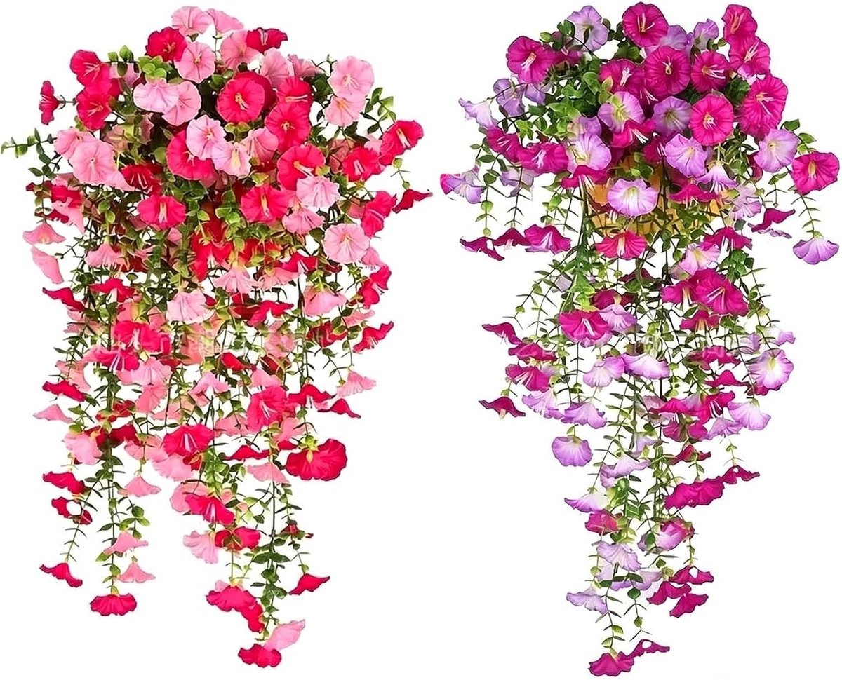 4 stuks kunstbloemen, hangende petunia's, kunstmatige hangplanten, echte kunstplanten, hangende kunstbloemen, kunstbloemen, ranken, voor buiten, balkon, tuin, tuin, bruiloft