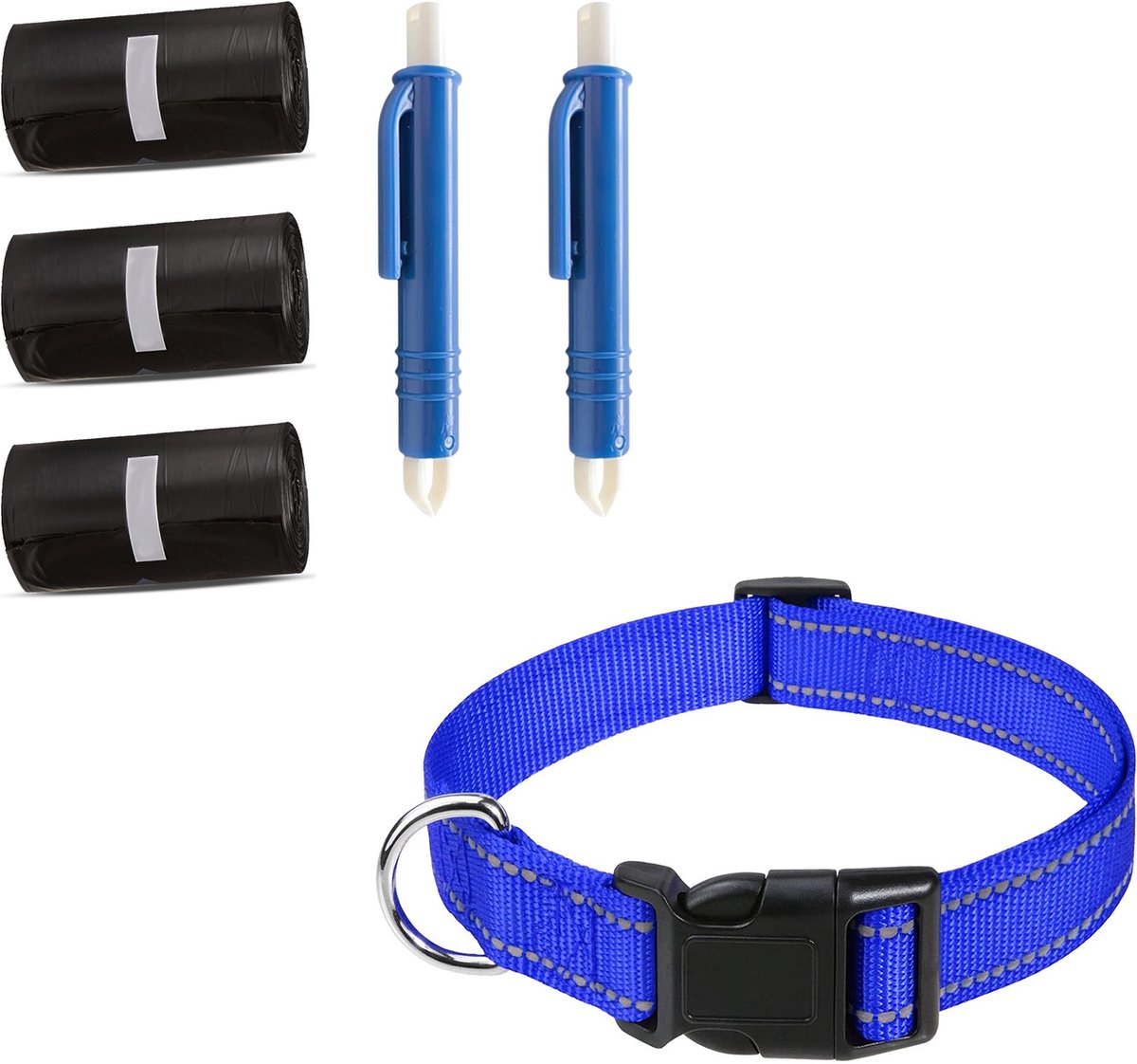 Professor Q Wandelset Hond - Halsband Donkerblauw S 30-40 cm - 45 Poepzakjes - 2 Blauwe Tekenpincetten