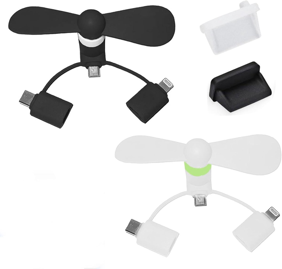 USB-ventilator, mini-ventilator, mobiele telefoonventilator, 3-in-1, voor iPhone Android/USB type C, voor thuis, reizen, kantoor, 2 stuks