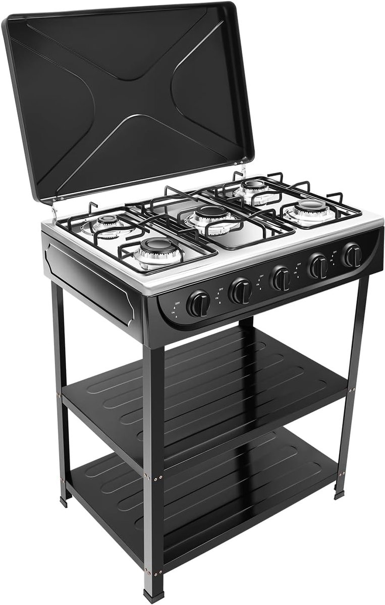 5 branders, vrijstaand gasfornuis met deksel, naturel gasfornuis, 2,5 kW, campingoven, gasgrill, grillwagen, grillwagen, standgrill voor camping, NG/LPG
