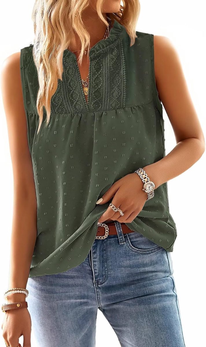 Tanktop Zomer Boho Bloes Mouwloos V-hals T-shirt Elegant Luchtig Casual Basic Outfit Kant