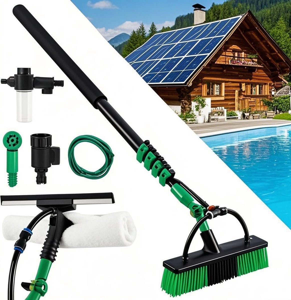 Borstel met wateraansluiting, terrasreiniger 4,8 m aluminium telescoop | raamreiniger set met 360° draaimondstuk, hogedrukadapter & 10-in-1 accessoires | Incl. reserverubbers