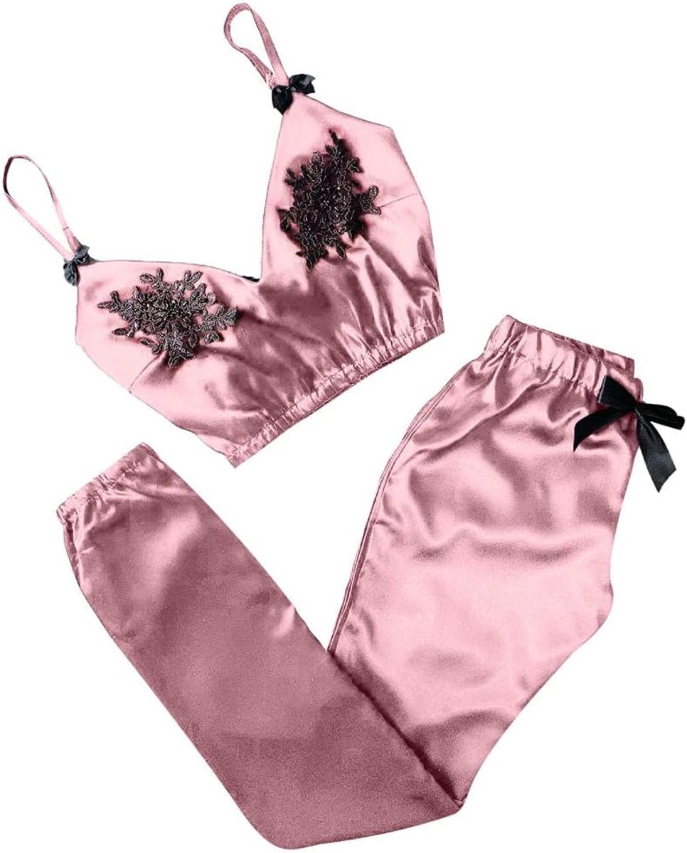 & korsetten Dames nachtjapon v-hals kanten vlek pyjama broek set nachtkleding kanten ondergoed set-roze__XL