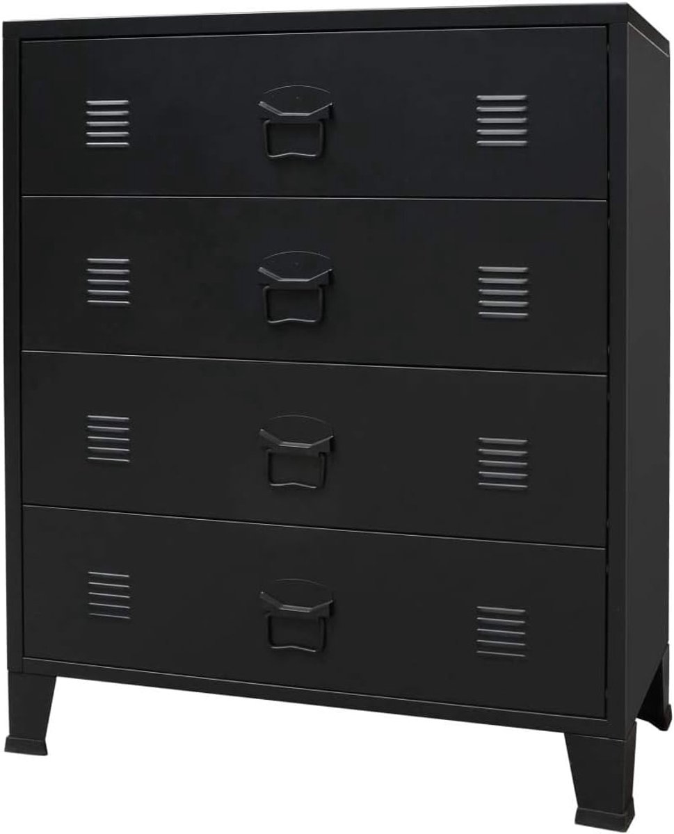 Yorten Ladekast opslagkast metalen kantoorkast multifunctionele kast met 4 laden en ventilatieopeningen industriële stijl zwart 78 x 40 x 93 cm (B x D x H)