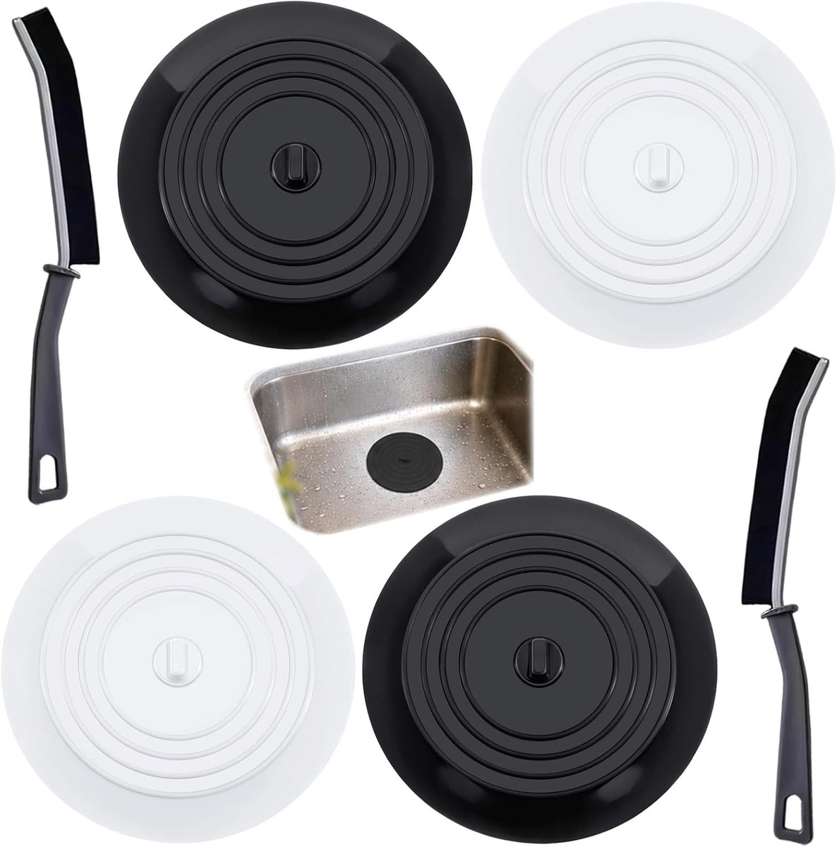 4 afvoerstoppen set 15,5 cm + 2 voegenborstels, badkamer en keuken