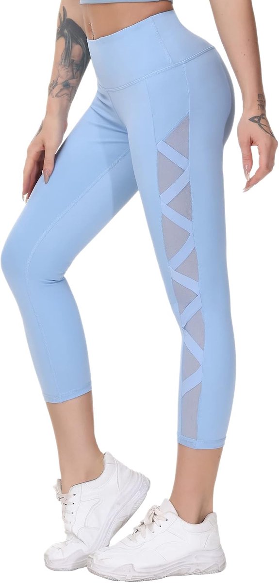 romansong Dameslegging van mesh met zak, niet-doorzichtige capri, hoge taille, buikcontrole, 4-weg stretch