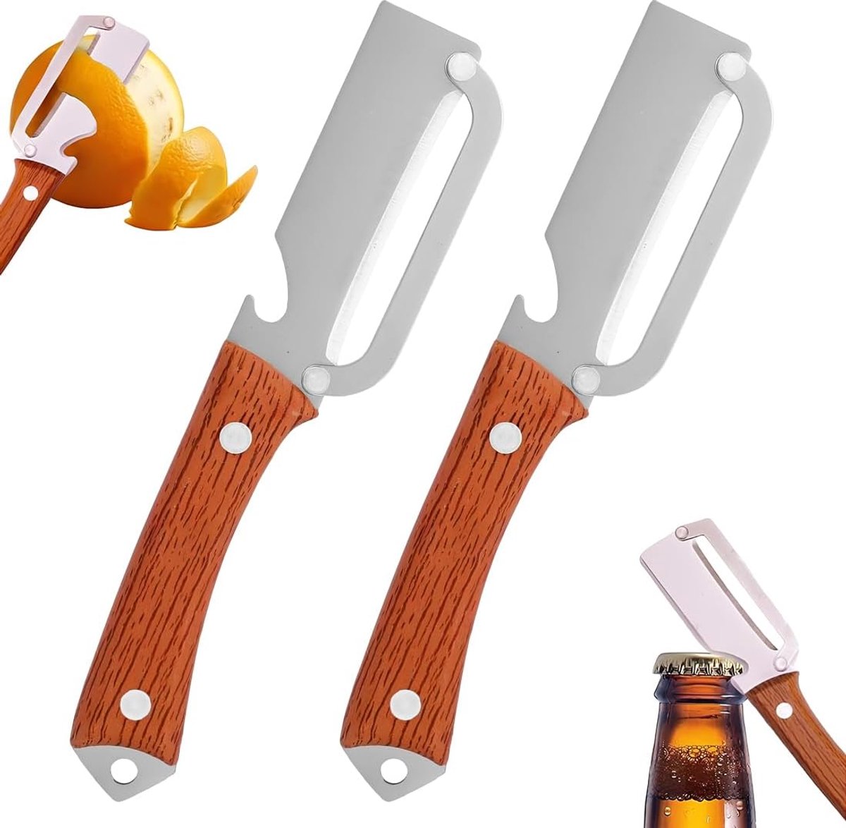2 Stuks 2-in-1 Dunschiller Met Houten Handvat Flesopener Roestvrijstalen Lemmet Ergonomisch Voor Aardappelen Fruit Komkommers