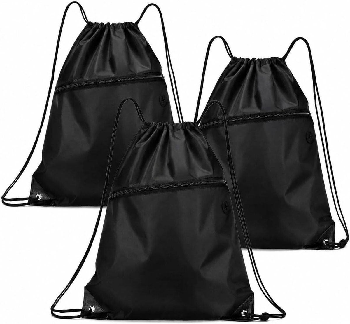 3 stuks gymtas, sporttas, zwart, Oxford-stof, tas, rugzak, 20-35 liter, met trekkoord, opvouwbare gymtas met ritsvak voor fitness, outdoor, reizen en school