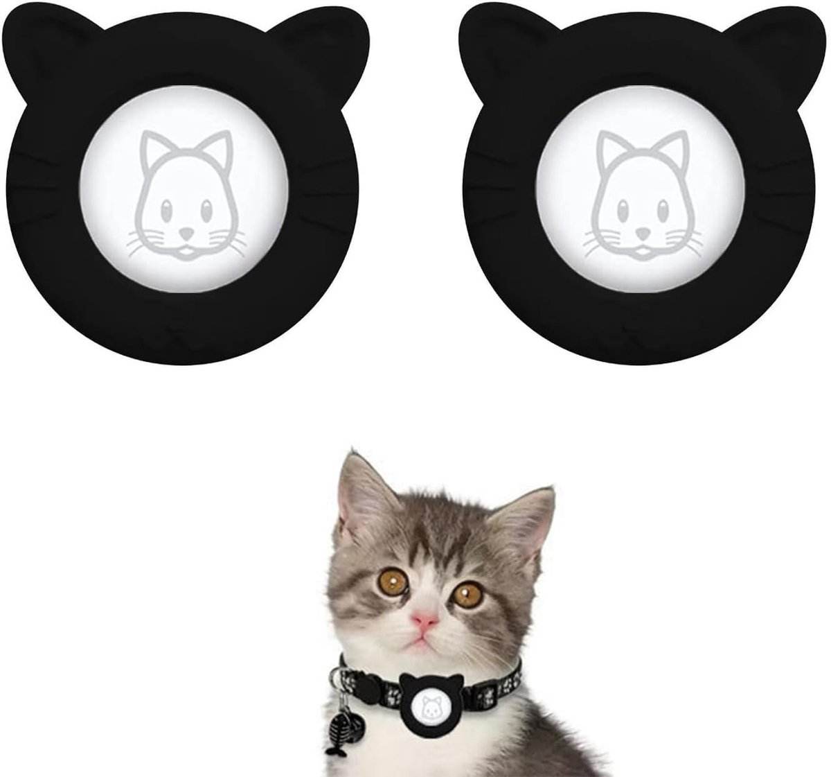 2 stuks siliconen houders met kattenmotief, compatibel met Apple AirTag, flexibele beschermhoes voor kattenhalsband, kattendesign, hoes voor Apple AirTag huisdiertracker, zwart