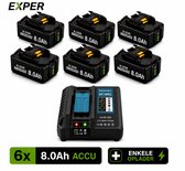 EXPER 18V Accu geschikt voor Makita - 6 Stuks - Extra snellader LXT DC18RD - 18V 8.0Ah Batterij - Vervangende Accu - 8000mAh - LED display - Li-ion Accu - LED Display - Accuboormachine - 18V BL1830B BL1860B BL1840B BL1815 LXT-400 BL1850B