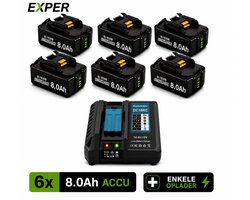 EXPER 18V Accu geschikt voor Makita - 6 Stuks - Extra snellader LXT DC18RD - 18V 8.0Ah Batterij - Vervangende Accu - 8000mAh - LED display - Li-ion Accu - LED Display - Accuboormachine - 18V BL1830B BL1860B BL1840B BL1815 LXT-400 BL1850B