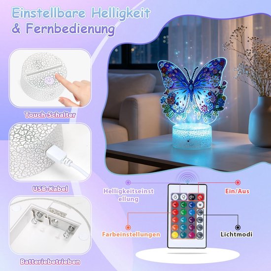 Diamond Painting Lamp voor kinderen, nachtlampje, vlinder, creatief, meisjes, doe-het-zelf, handwerk, idee, cadeau, meisjes, verjaardag, decoratie, slaapkamer, voor 5, 6, 7, 8, 9 jaar — afbeelding 4