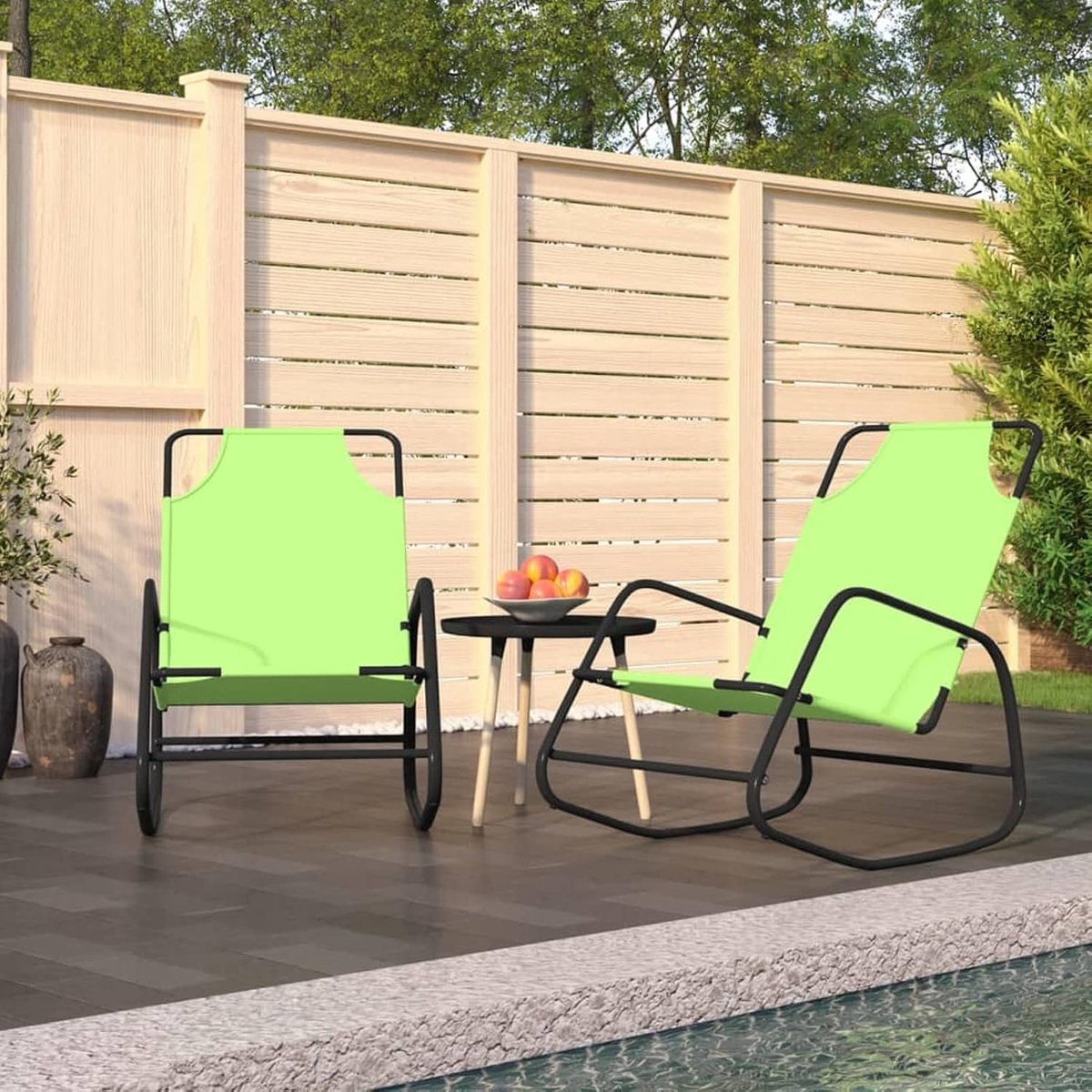Zonneligstoel met schommelstoel van staal en textiel, 2 stuks, groen, tuinligstoel, stoel, schommelstoel, zonnebed voor de tuin, kantelbaar, chaise longue