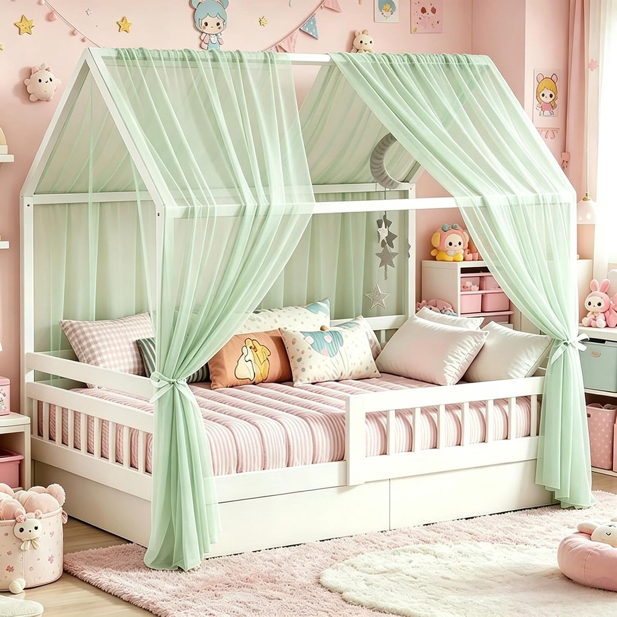 Groen, 2 stuks, 150 x 350 cm, hemelbedgordijnen voor meisjes en jongens, kinderbed, baldakijn, kinderkamer decoratie