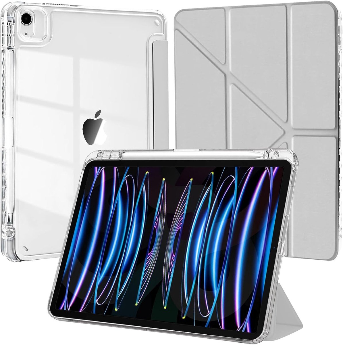 Case voor iPad Air 13 Inch M4/M3/M2 (2026/2025/2024) / iPad Pro 12.9 2022/2021/2020/2018 met Pencil Houder, 6-in-1 Meerdere Kijkhoeken, Clear Transparante Achterkant