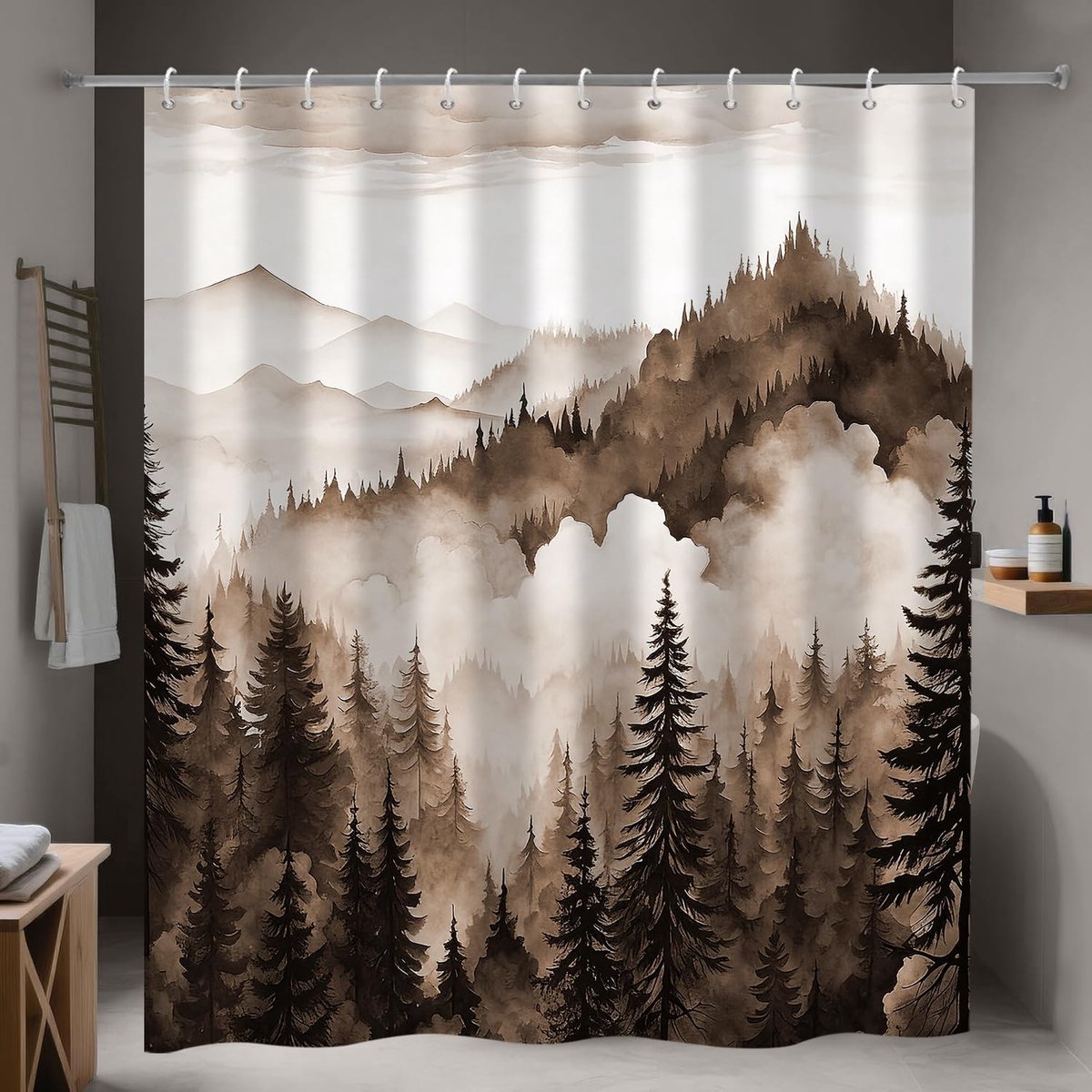 Douchegordijn van mistig bos, mistig bos, dennenboom, natuurlandschap, waterdichte polyester stof, wasbare douchegordijnen met haken, 180 x 200
