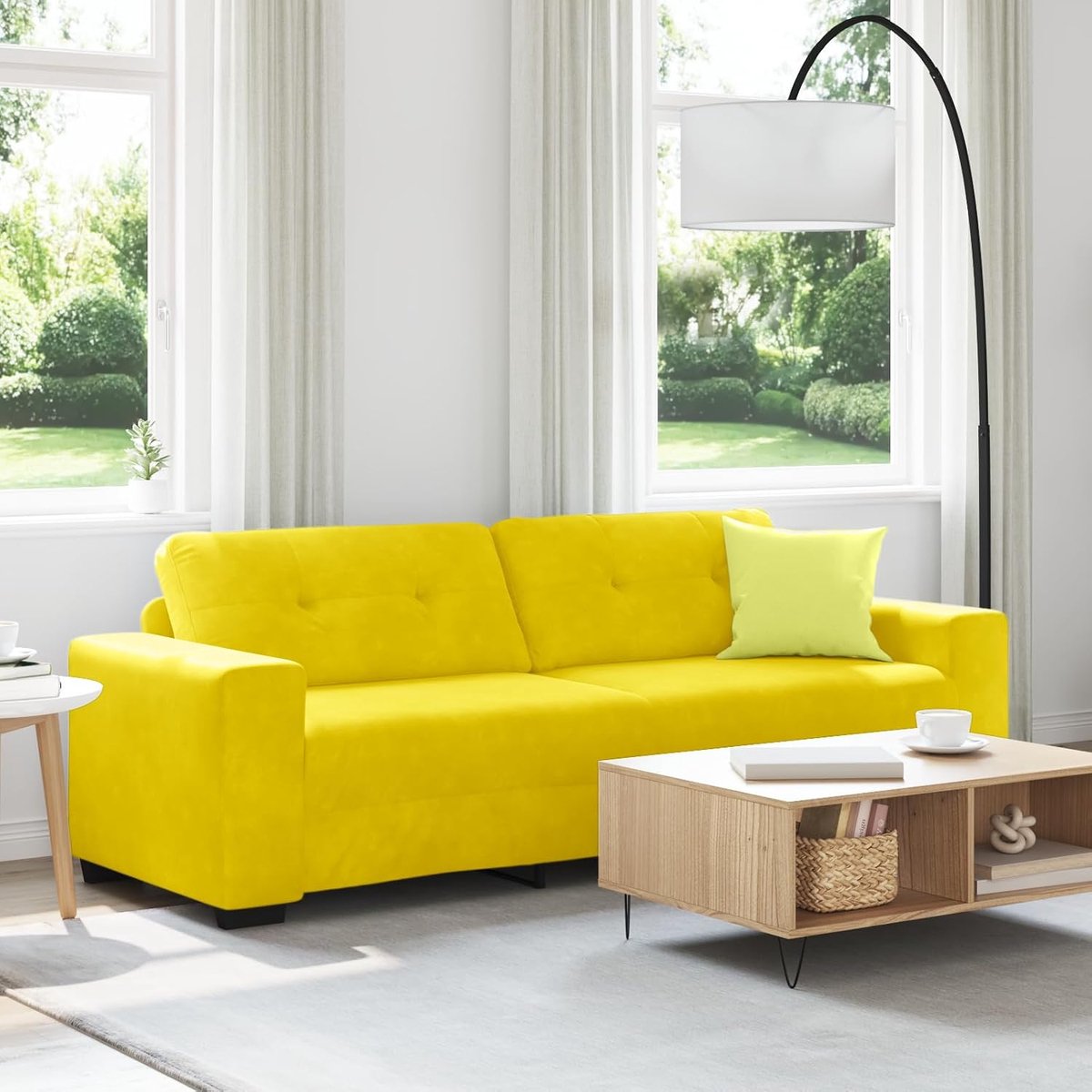 Sofa 3-zits geel eigentijdse fluwelen bank voor woonkamer, ruime zitbank met houten frame, 180 cm, fluweel
