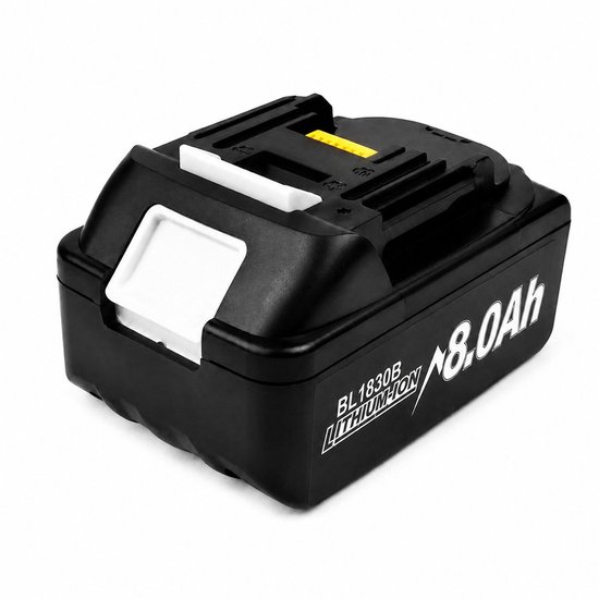 Zwarte 8.0Ah accu met witte en gele kliksluiting en LED-indicatoren.