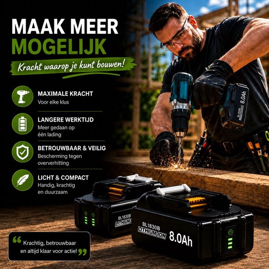 Man met boor in hout. Twee zwarte 8.0Ah accu's met witte en gele accenten.