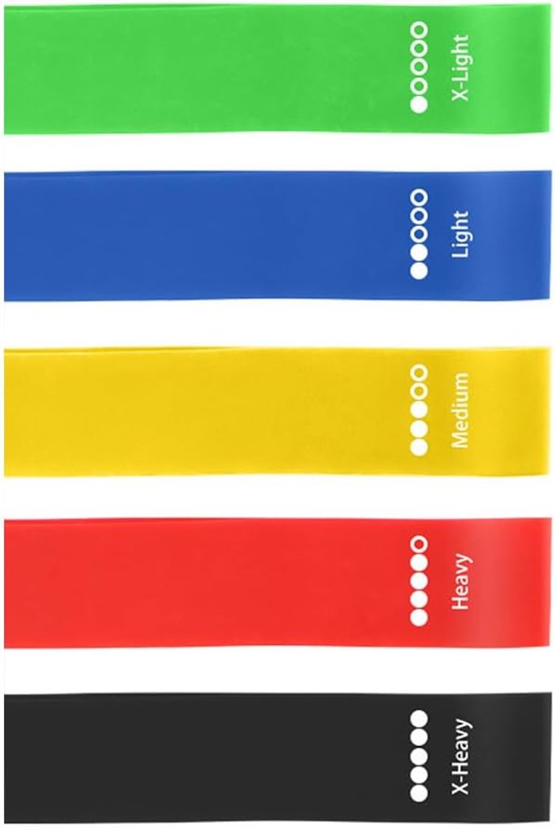 Banden, set van 5 weerstandsniveaus, elastische banden, fitnessapparaten, fitnessapparatuur, thuis, elastische band, fitness voor spiertraining, revalidatie