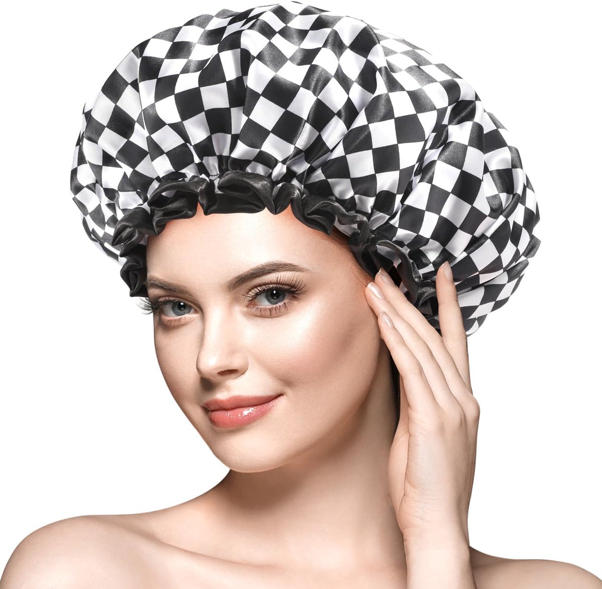Mikimini Grote Douchemuts voor Dames Lang Haar, 2 Stuks, Elegant Schaakbordontwerp, Dubbellaags Waterdicht, Herbruikbaar, Wasbaar, Geen geur, XL