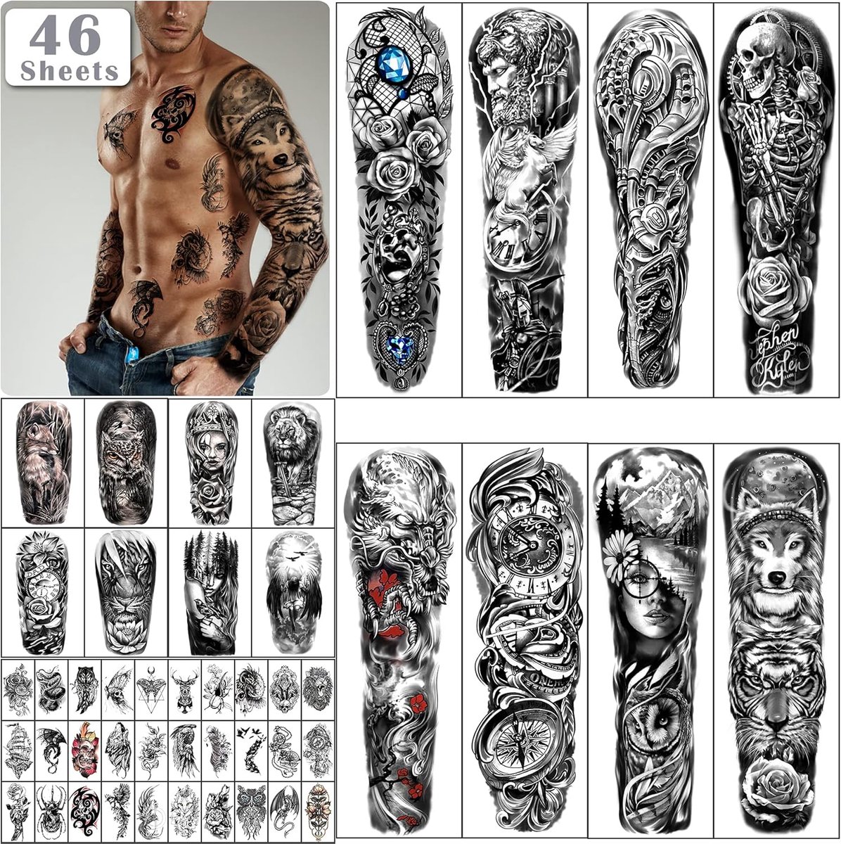Tijdelijke tatoeages voor mannen halve arm schouder engel tatoeages voor dames nep waterdichte wolf leeuw steen tatoeages stickers voor volwassenen of kinderen