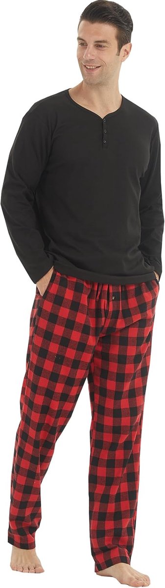 Pyjama's voor heren, thermische henley-shirts, top met lange mouwen en flanellen geruite bodems, microfleece pyjama voor heren, loungewear pyjamasets