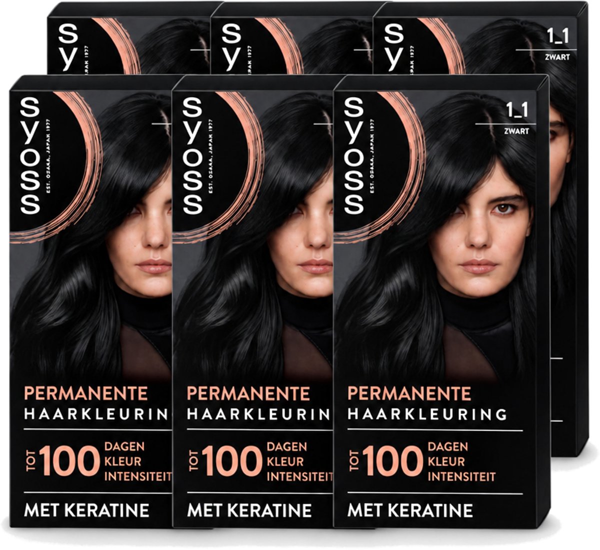 6 x SYOSS - Coloration 1-1 Zwart - Haarverf - Grijsdekking - Vermindert Haarbreuk - Voordeelverpakking - 6 stuks