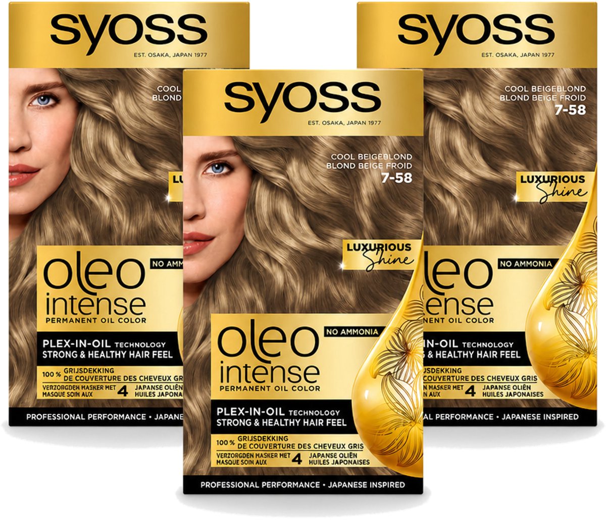 3 x SYOSS - Oleo Intense 7-58 Cool Beige Blond - Haarverf - Zonder Ammoniak - Grijsdekking - Langdurige Kleur - Voordeelverpakking - 3 stuks