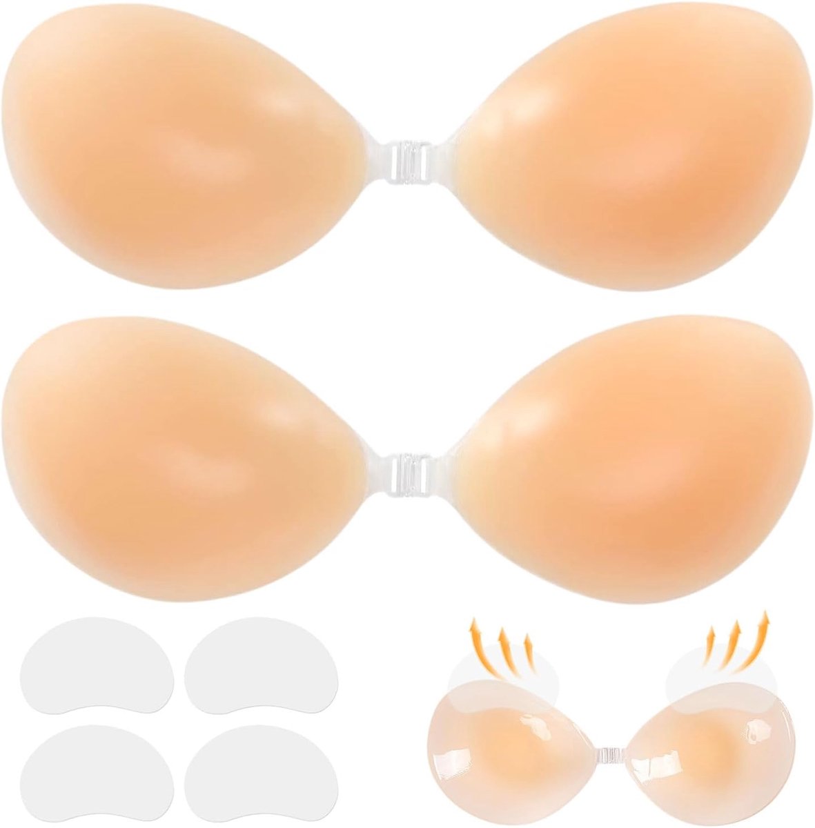 2 Almohadillas Busto + 4 Laterales, Silicona Color Carne, Borde Fino Sin Costuras, Clip Frontal Transparente, Talla A