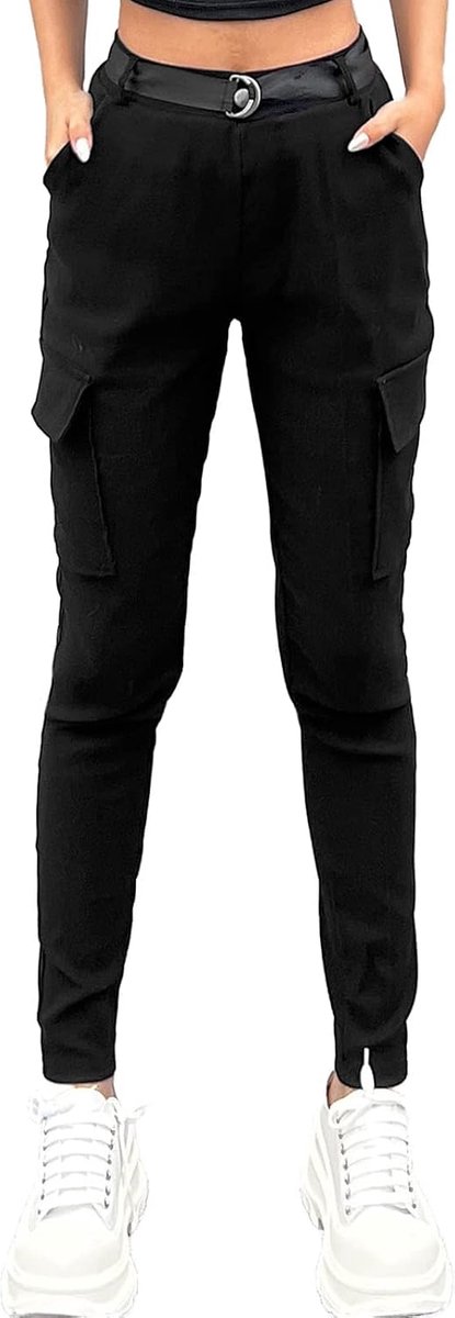 Elastische cargobroek voor dames, 4 zakken, elastische hoge taille, pull-on-leggings, skinny broek, sport met bijpassende riem