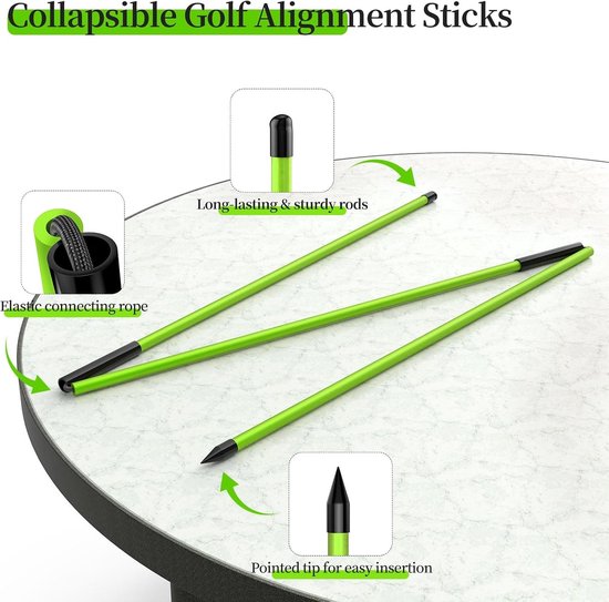 Inklapbare golfuitlijnstokken set van 3, 122 cm lange trainingshulpen voor richten, putten en houdingcorrectie met doorzichtige buizenhoes, groen — afbeelding 2