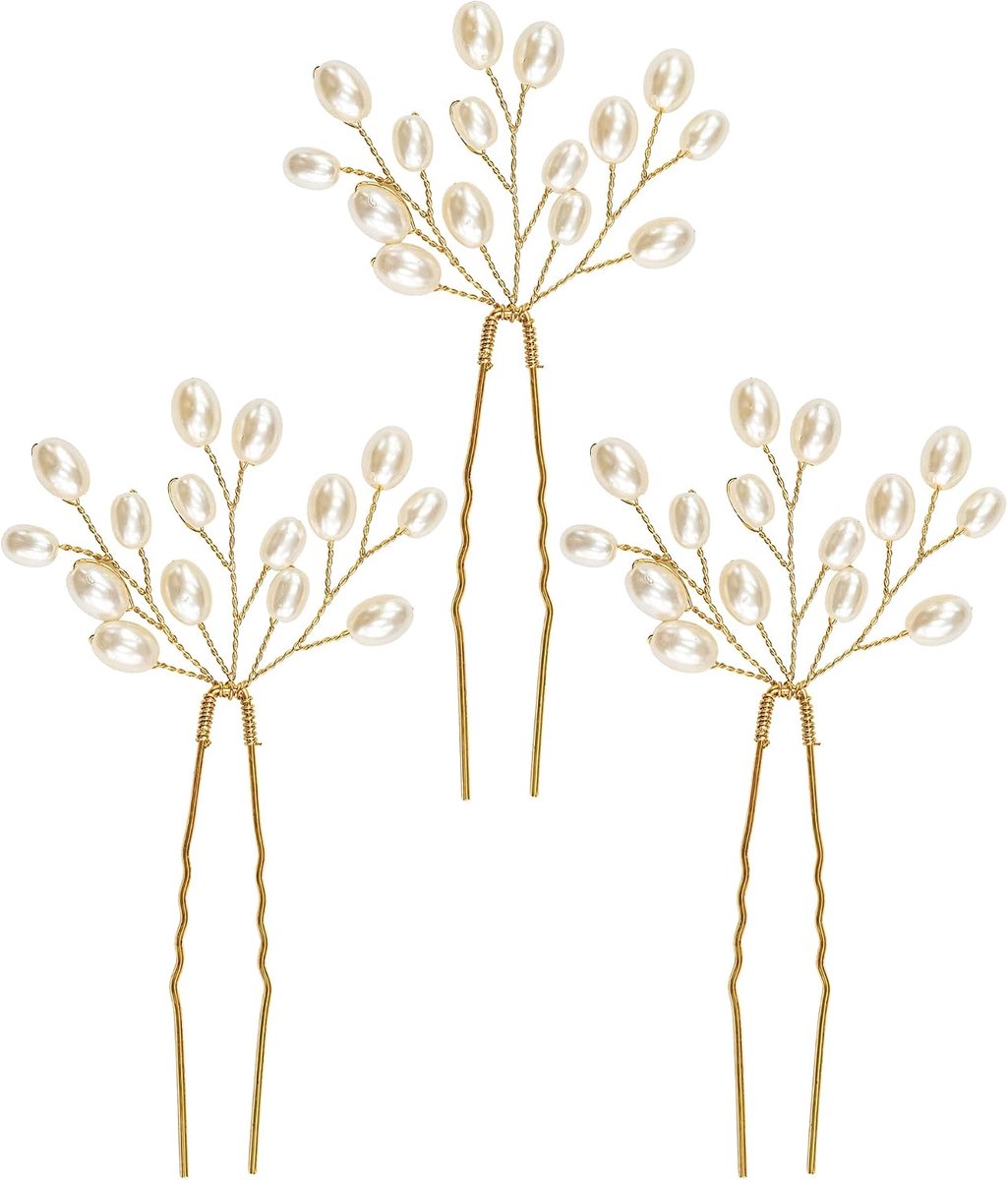 Haarspelden, set van 3, parel & kristal bruiloftshaaraccessoires, U-vormige haarclips, goud