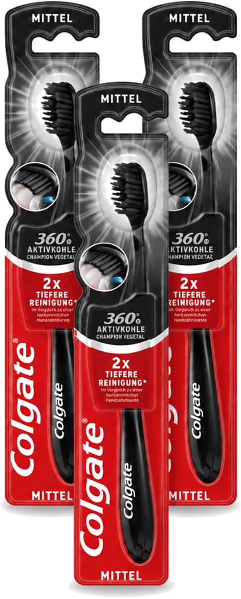 3 x Colgate - Tandenborstel - Charcoal Black 360 Medium - Zwart - 1 Tandenborstel - Voordeelverpakking - 3 stuks