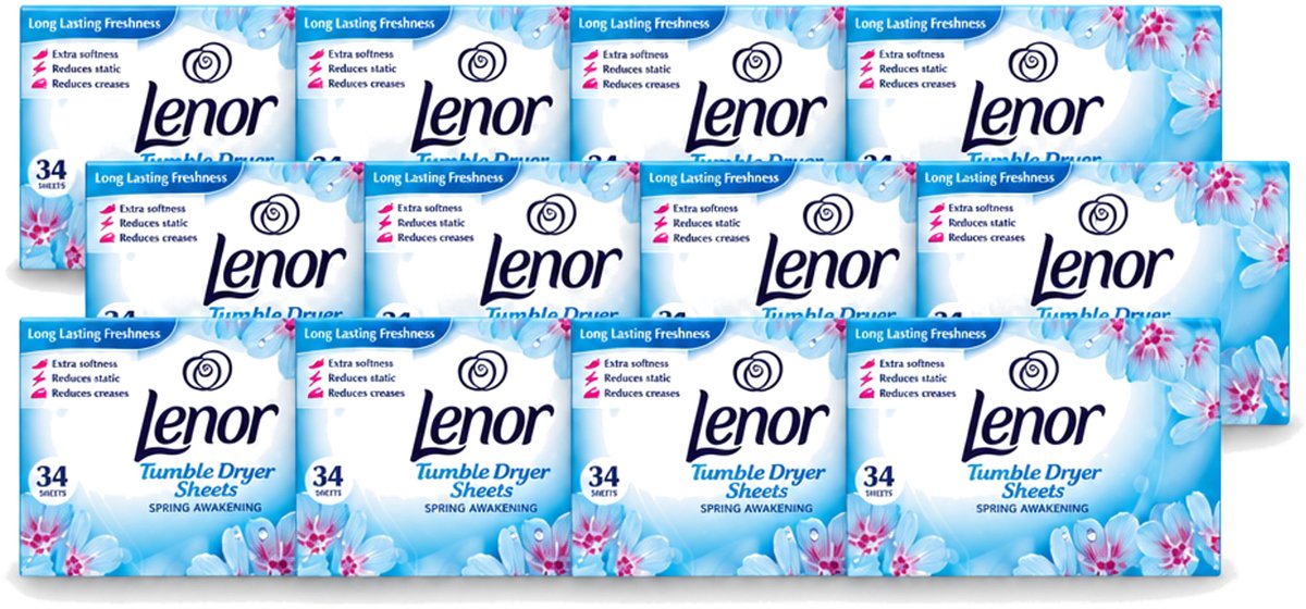 12 x Lenor - Droogtrommeldoekjes - Spring Awakening - 34 Doekjes - Voordeelverpakking - 12 stuks