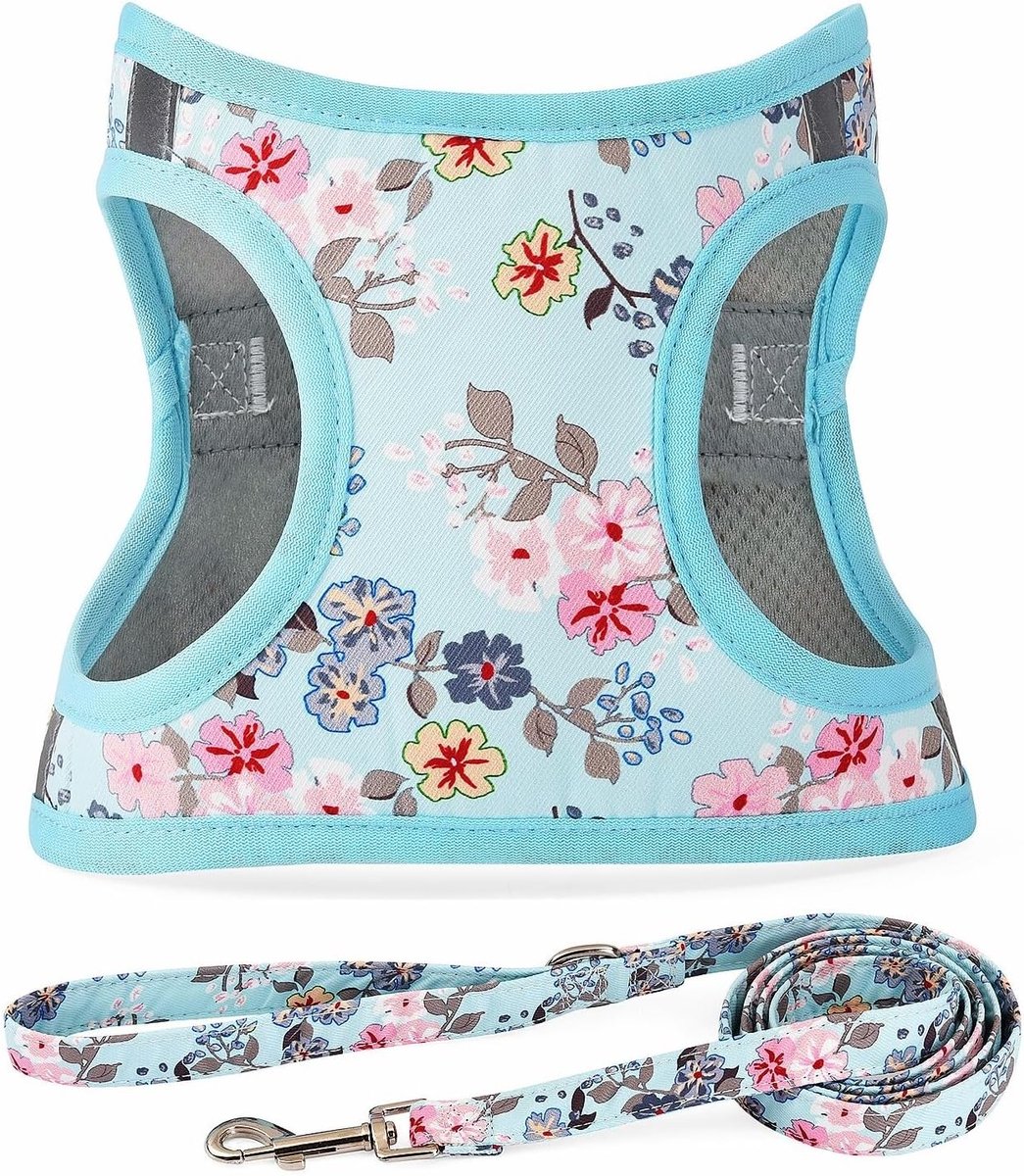 Hondenharnas en leibandset, elk weertype, reflecterend, trekt niet, bloemenpatroon, gewatteerde mesh, katten, puppy, extra kleine, kleine, middelgrote, grote honden, orchidee, L