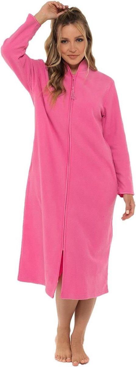 ochtendjas voor dames, zachte fleece, maten 38 tot 54 kamerjas met ritssluiting aan de voorkant