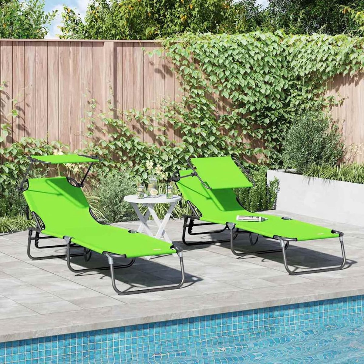 Vouwligstoel, 2 stuks, met zonnedak, groen, 600D Oxford-stof, luifel, balkon, waterdichte terrasoverkapping voor terras, tuin, café, 42003138