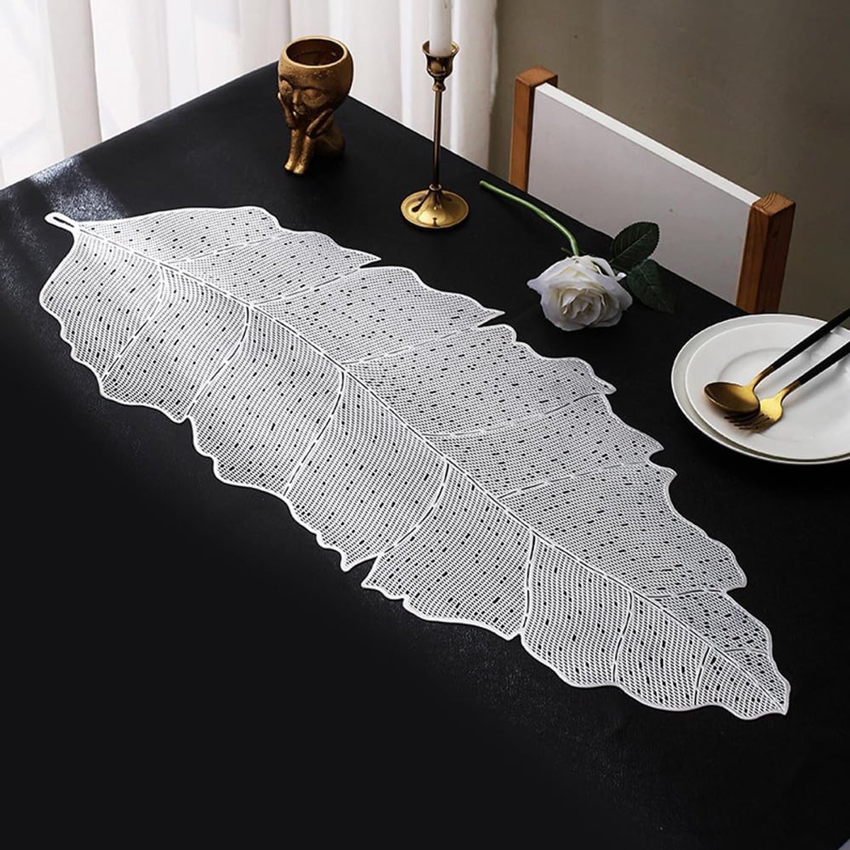 Tafelloper antislip decoratieve bananenbladeren tafelmatten placemat voor thuis feest keuken eetkamer bruiloft decor (zilver)