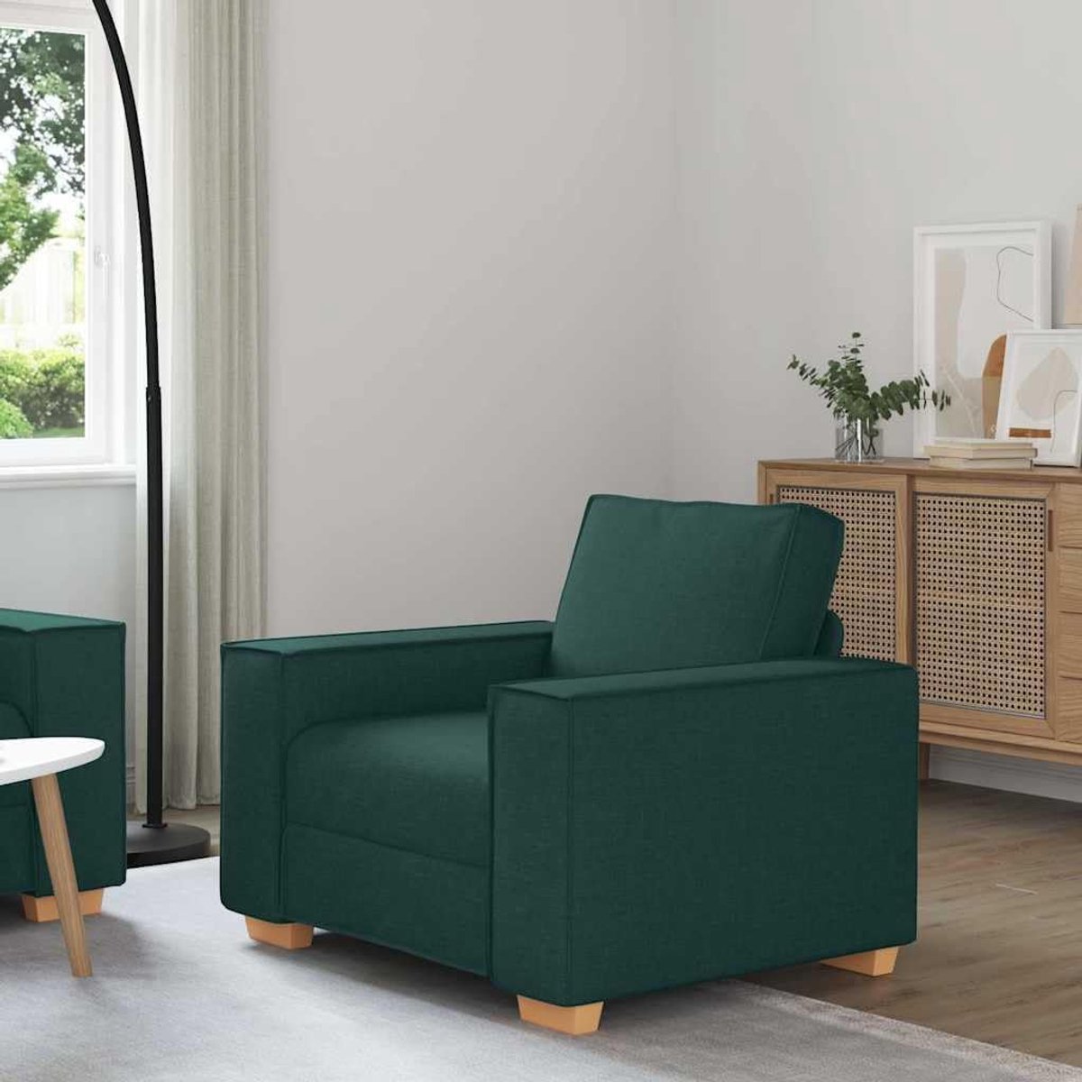 Donkergroen 60 cm stoffen gestoffeerde stoel met brede armleuningen en stevig houten metalen frame voor woonkamer en kantoor gezellig zitmeubel